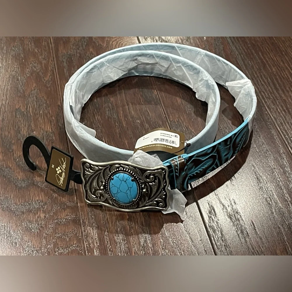 Patricia Nash Roseanna Stone Buckle Tooled Leather Belt-Turquoise-M 36